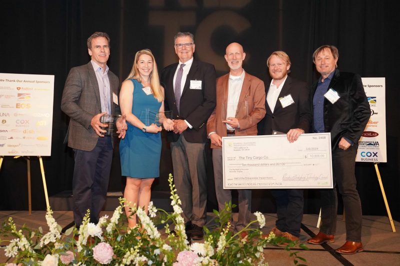 Innovators affiliated with the Fralin Biomedical Research Institute at VTC were honored by the Roanoke-Blacksburg Technology Council during TechNite 2024 this week. Taking center stage with institute Executive Director Michael Friedlander (third from left) were honorees (from left) Read Montague, Sarah Snider, Hal Irvin, Spencer Marsh, and Rob Gourdie.