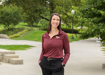 image includes Dean of Students, Meaghan Davidson, wearing a maroon Virginia Tech shirt